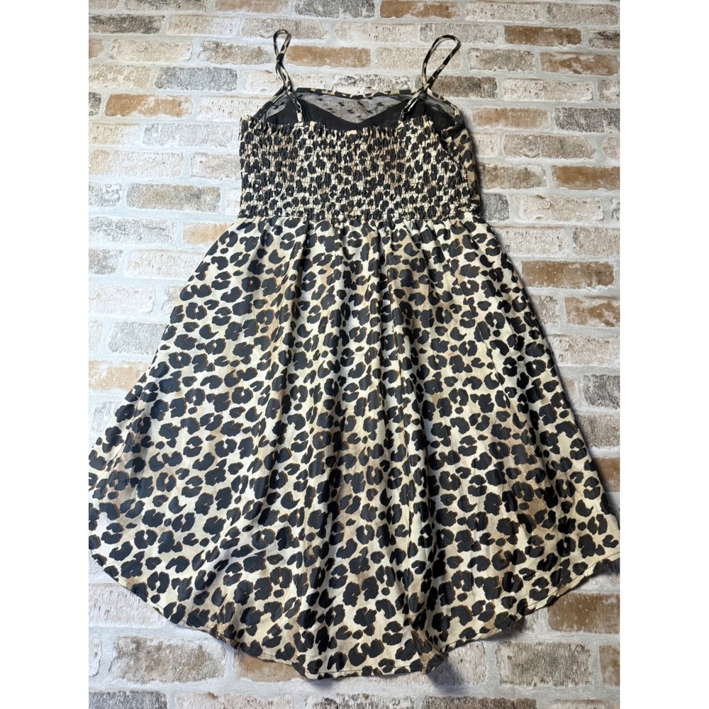 Xhilaration Leopard Print High-Low Dress Medium Tan Black Mesh Trim Smocked Back - Picture 6 of 6